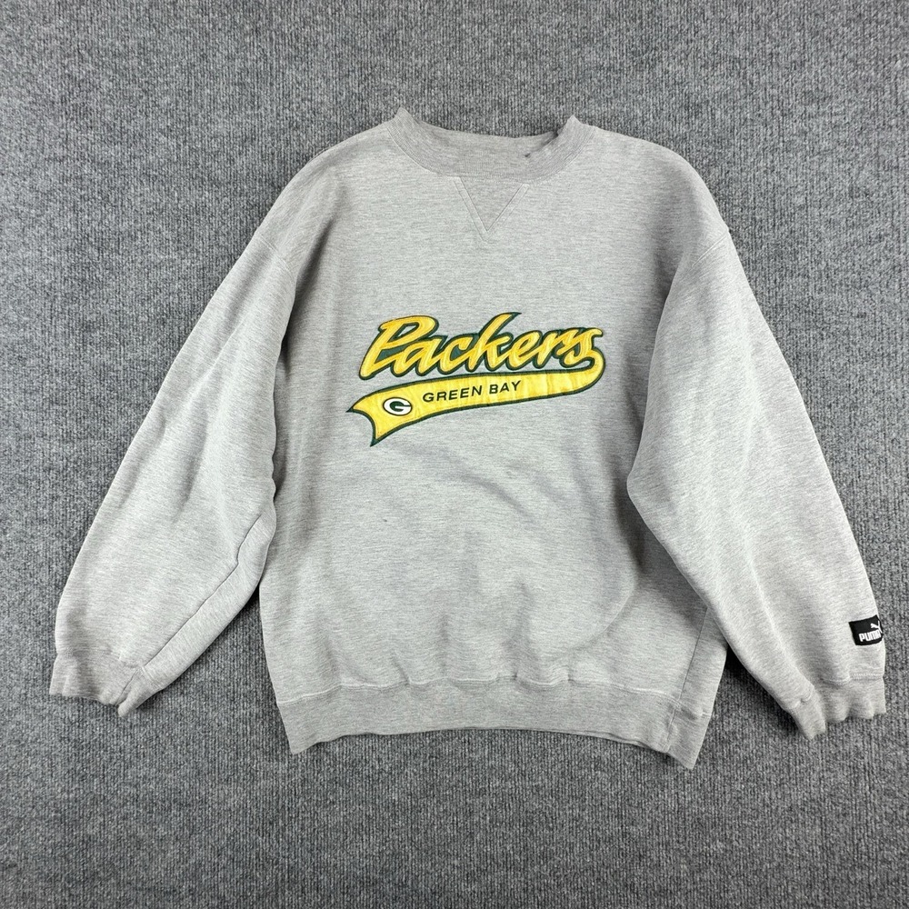 VTG Green Bay Packers Sweatshirt Mens‎ Medium Gray NFL Football Pullover Puma